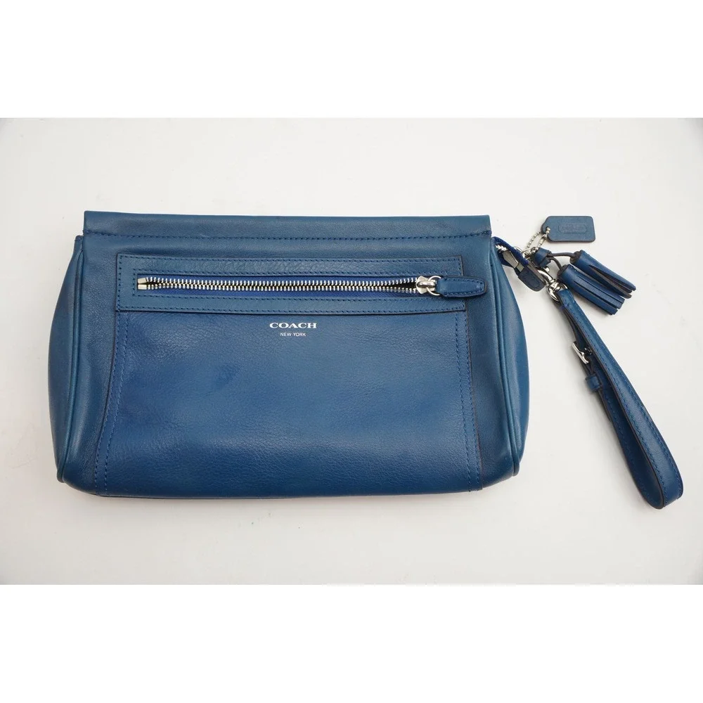 Coach Wristlet Blue Leather Tassel Charm Zippered Clutch VGC